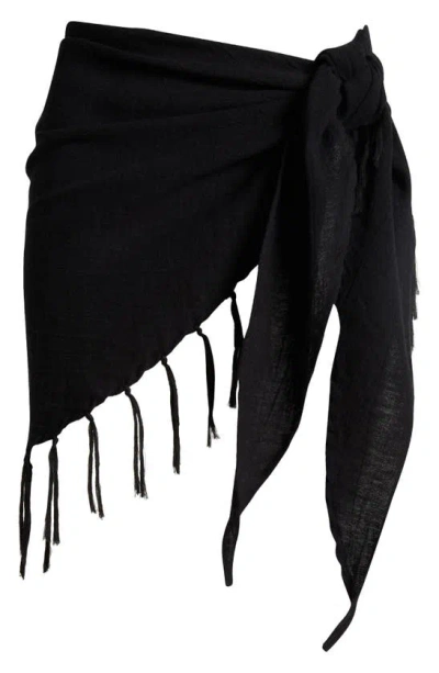 Vitamin A Sirena Tassel Linen Blend Sarong In Black Crinkle Linen