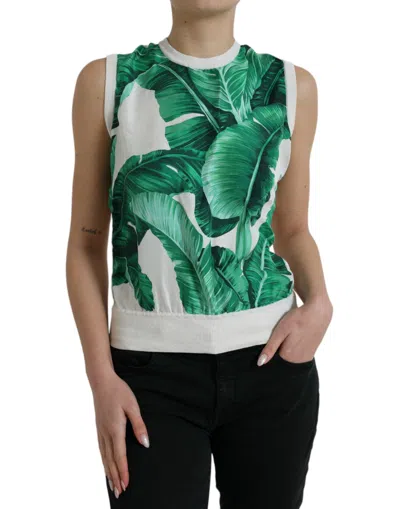 Shop Dolce & Gabbana White Banana Leaf Print Crew Neck Tank Top