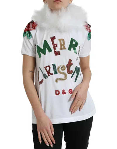 Shop Dolce & Gabbana White Cotton Christmas Sequin Fur T-shirt