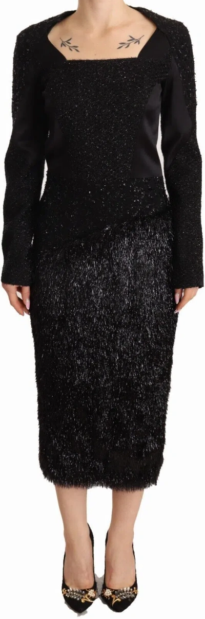 Masha Ma Elegant Black Embellished Sheath Midi Dress In Black