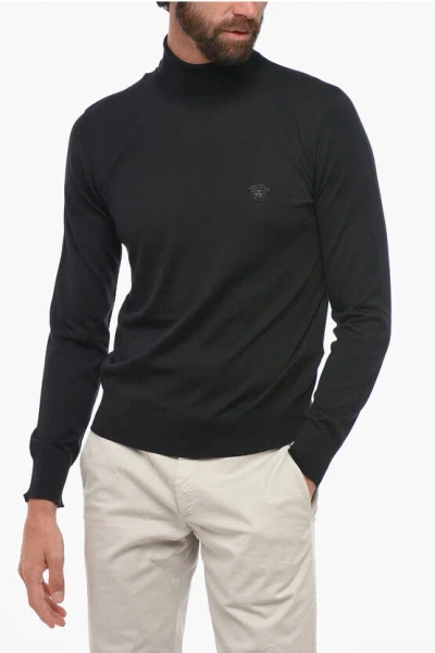 Shop Versace Turtleneck Wool Blend Sweater With Logo
