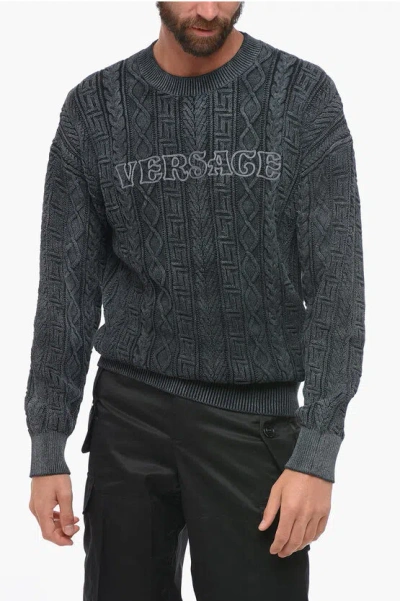 Shop Versace Crew Neck Aran Cotton Pullover With Embroidered Logo