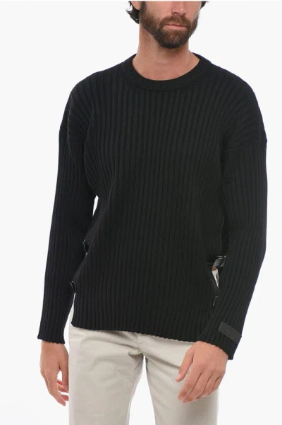 Shop Versace Ribbed Wool Pullover With Side Buckles