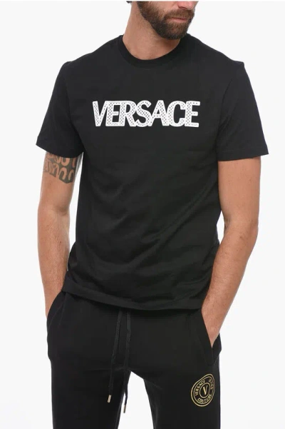 Shop Versace Crew Neck Cotton T-shirt With Mesh Logo
