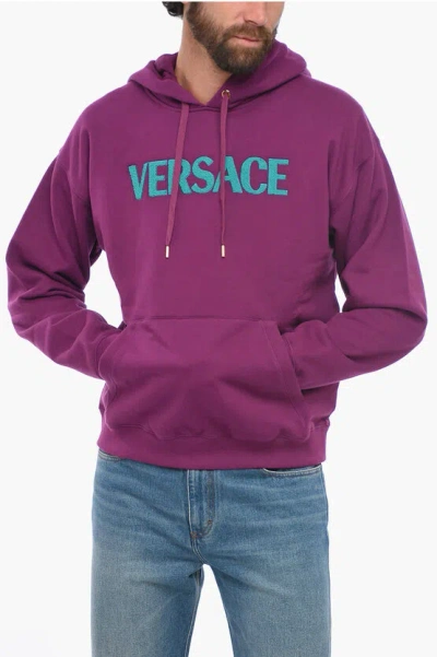 Shop Versace Fleece Cotton Hoodie With Terry Logo