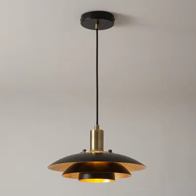 Nova Of California Rancho Mirage Large Pendant Light - Matte Black & Gold-leaf Shade, Weathered Brass