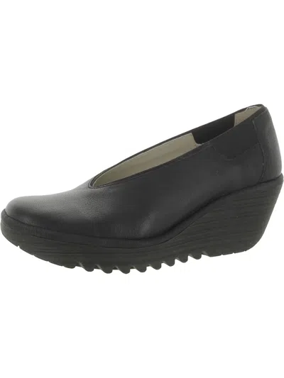 Shop Fly London Yoza Womens Leather Slip-on Wedge Heels In Black