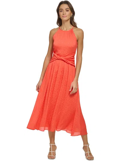 Shop Dkny Womens Halter Twist Waist Midi Dress In Orange