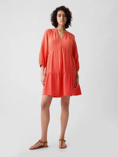 Shop Gap Crinkle Gauze Tiered Mini Dress In Fire Coral Red