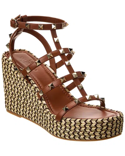 Shop Valentino Rockstud Caged 95 Leather Wedge Sandal In Brown