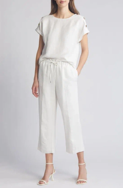 Shop Anne Klein Button Shoulder Linen Blend Top In Bright White