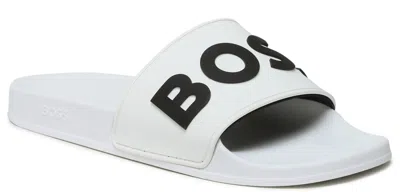 Shop Hugo Boss Men Alabaster Big Logo Slide Kirk Flat Sandals In White