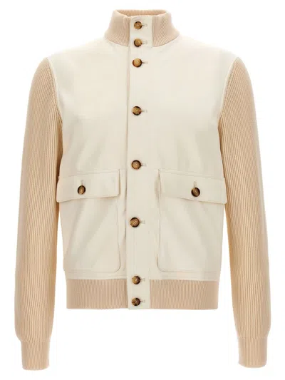 Shop Brunello Cucinelli Leather Jacket With Knit Inserts In White