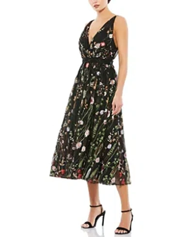 Shop Mac Duggal V-neck Floral Midi Dress In Black Multi