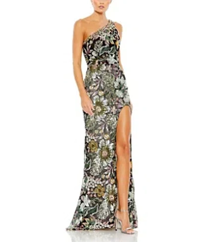 Mac Duggal Floral Sequin-embroidered One-shoulder Gown In Black Multi