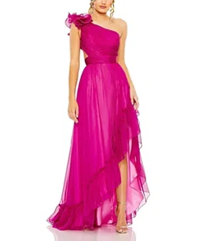 Shop Mac Duggal Ruffled One Shoulder Asymmetrical Gown In Magenta