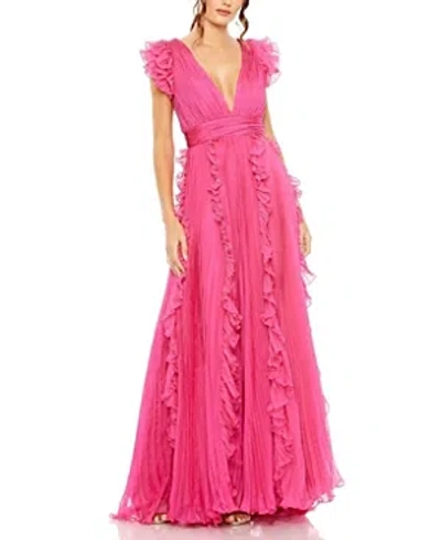Mac Duggal Pleated Ruffle Cap Sleeve Chiffon Gown In Fuchsia