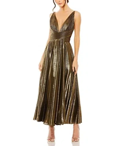 Shop Mac Duggal Sleeveless V Neck Pleated Top Metallic Dress In Antique Gold