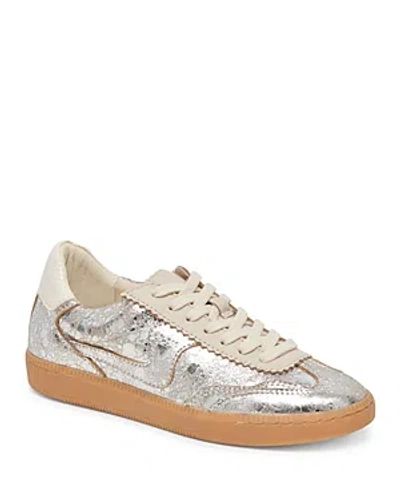 Dolce Vita Notice Silver Metallic Distressed Leather Lace-up Sneakers In Silver Distressed Leather