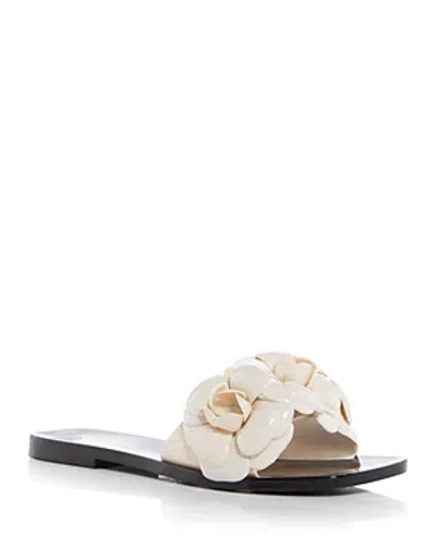 Shop Jeffrey Campbell Women's Floralee Flower Embellished Slide Sandals In Cream Shiny Black Shiny