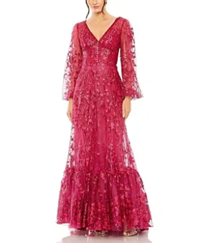 Shop Mac Duggal V Neck Puff Sleeve A Line Embroidered Gown In Cranberry