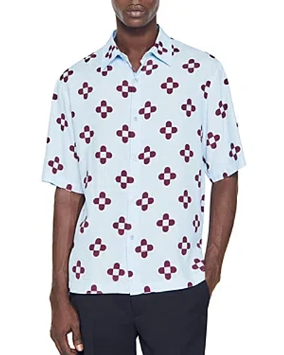 Shop Sandro Printed Short Sleeve Button Shirt In Sky Blue