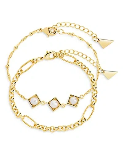 Shop Sterling Forever Reine Bracelets In 14k Gold Plated, Set Of 2 In Gold/pearl
