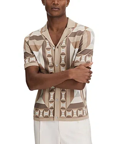 Shop Reiss Beresford Cuban Button Front Short Sleeve Sweater In Camel Multi