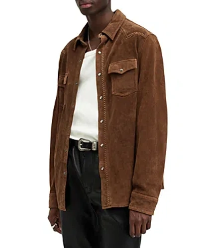 Shop Allsaints Montana Suede Snap Front Shirt Jacket In Hickory Brown