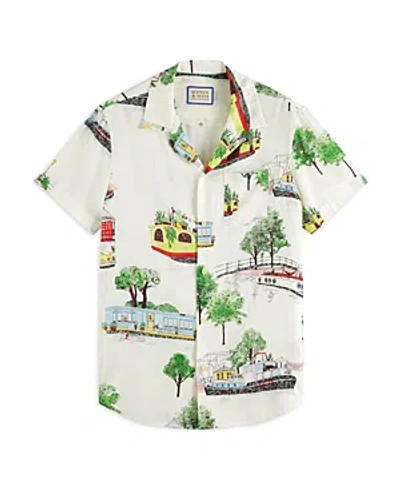 Shop Scotch & Soda Printed Short Sleeve Button Front Camp Shirt In Canal