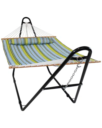 Sunnydaze Blue And Green Quilted Fabric Hammock With Multi-use Universal Stand In Blue