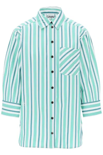 Shop Ganni "oversized Striped Poplin Shirt In White,green