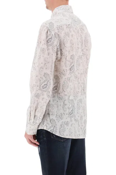 Shop Brunello Cucinelli Linen Shirt With Paisley Pattern In White