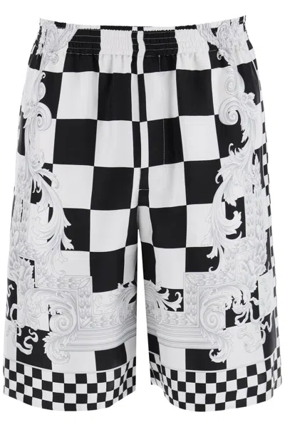 Shop Versace Printed Silk Bermuda Shorts Set In Black,white