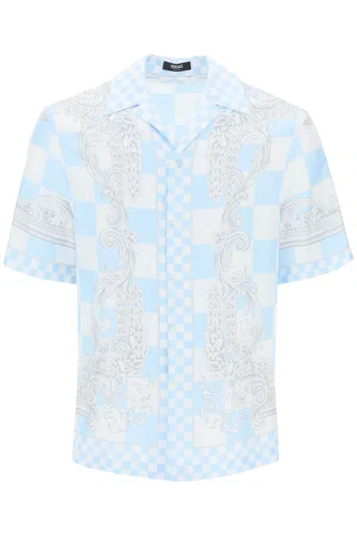 Shop Versace Printed Silk Bowling Shirt In Eight In White,light Blue