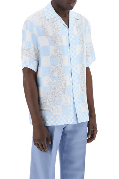 Shop Versace Printed Silk Bowling Shirt In Eight In White,light Blue