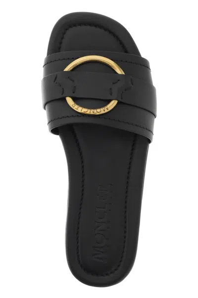 Shop Moncler Leather Bell Slides For In Black