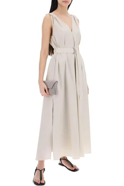 Shop Brunello Cucinelli Maxi Flared Dress With Precious Shoulder In Neutro
