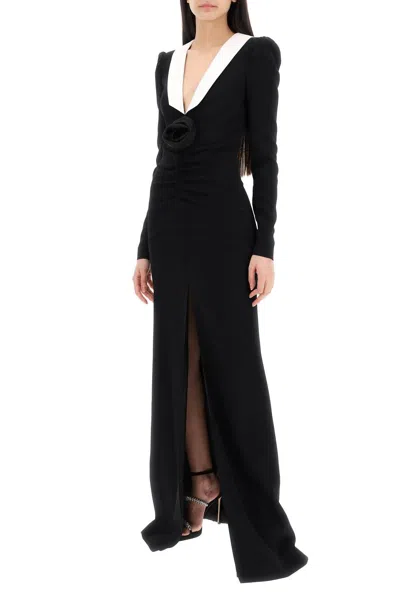 Shop Alessandra Rich Maxi Cady Dress With Pink Applique In Black