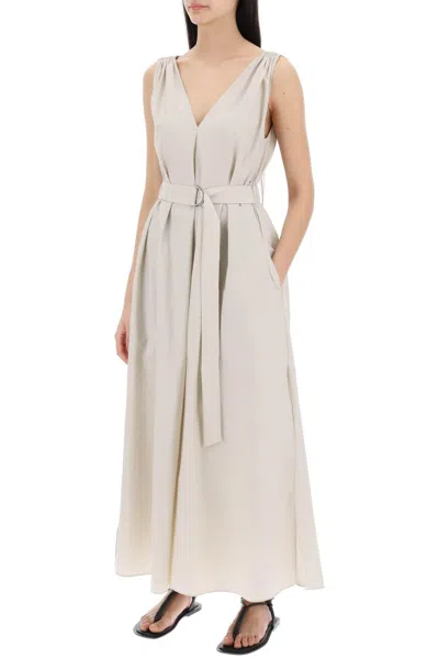 Shop Brunello Cucinelli Maxi Flared Dress With Precious Shoulder In Neutro