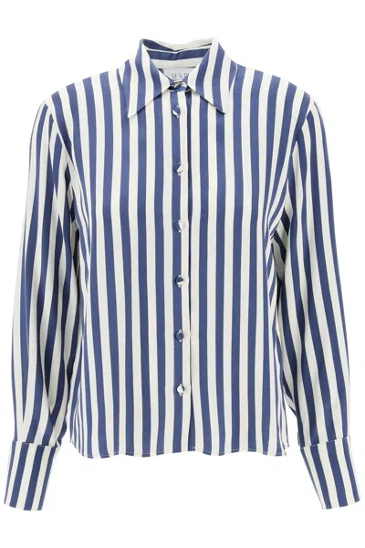 Shop Mvp Wardrobe "striped Charmeuse Shirt By Le In White,blue