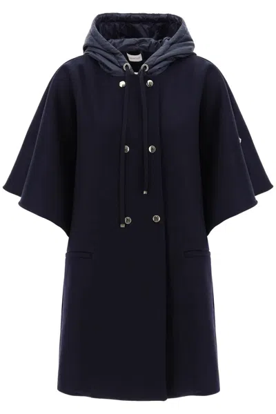 Shop Moncler Virgin Wool Cloak With Hood In 蓝色的