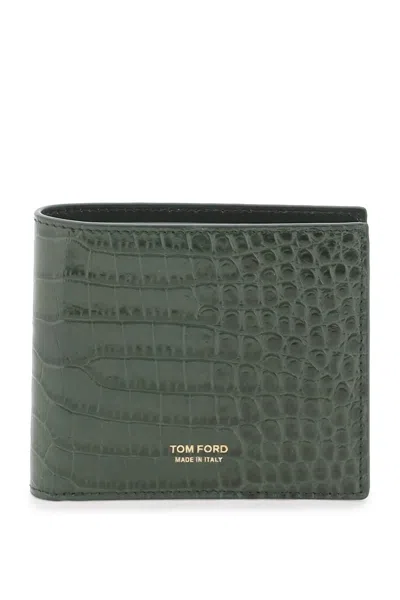 Shop Tom Ford Croco Embossed Leather Bifold Wallet In 绿色的