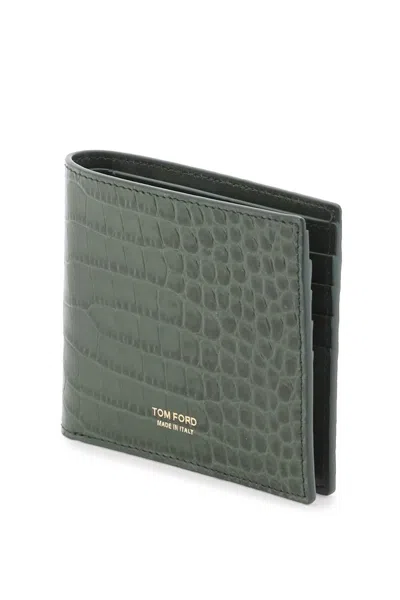 Shop Tom Ford Croco Embossed Leather Bifold Wallet In 绿色的