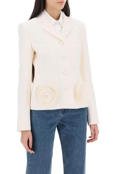 Shop Valentino Garavani Crepe Couture Jacket With Floral Appliques In 白色的