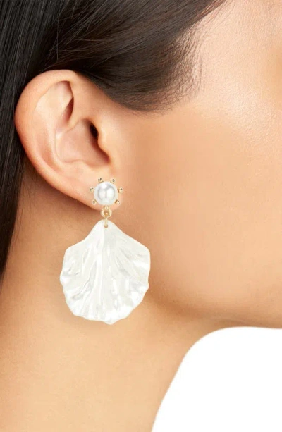 Shop Tasha Imitation Pearl Resin Drop Earrings In Gold/ Off White Iridescent