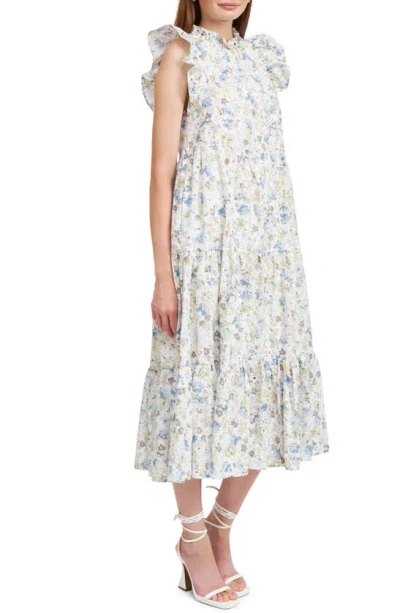 Shop En Saison Eliza Floral Ruffle Tiered Cotton Midi Dress In White Multi