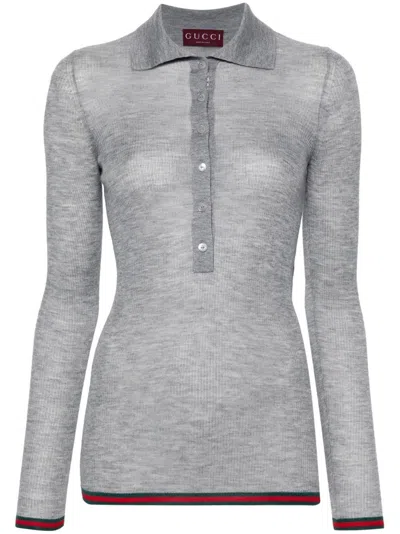 Shop Gucci Long Sleeve Polo Shirt In Gray