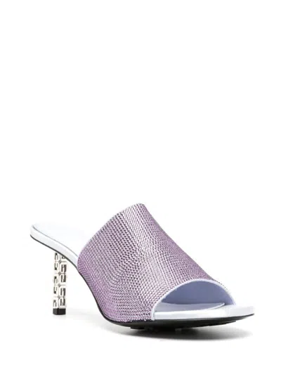 Givenchy Sculpted Heel Open Toe Mules With G Cube Embellishment In Lavender