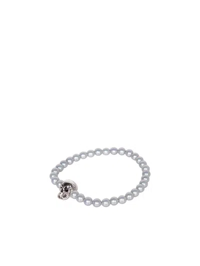 Alexander Mcqueen Beaded Skull Silver Bracelet In Grey